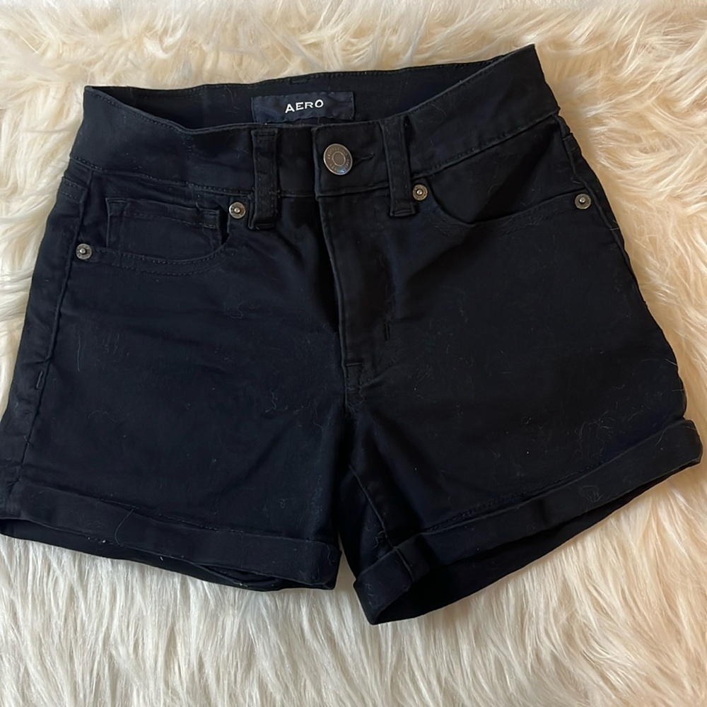 Seriously Stretchy High-Rise Denim Midi Shorts black sz 000